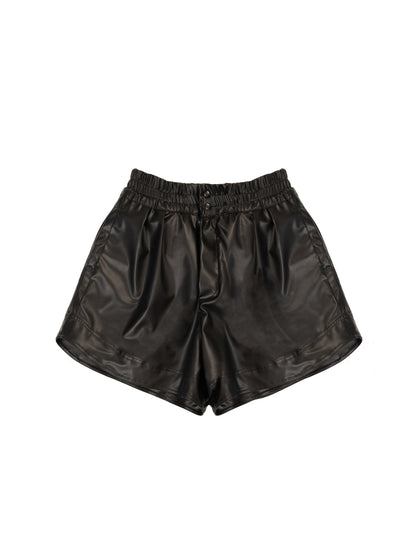 PLEATED TRACK SHORTS : PU BLACK LEATHER